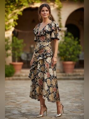 Olia M Navy Floral Midi Dress with Ruffle Tiers